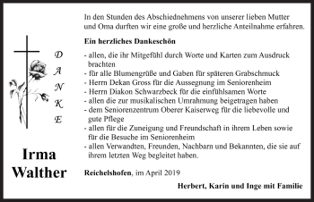 Traueranzeige von Irma Walther von Rothenburg