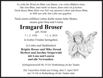 Traueranzeige von Irmgard Broser von Rothenburg