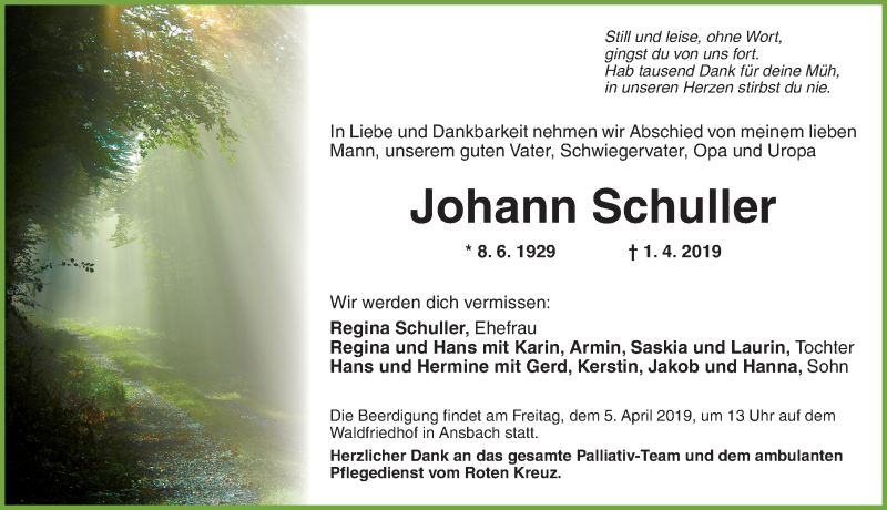  Traueranzeige für Johann Schuller vom 03.04.2019 aus Ansbach
