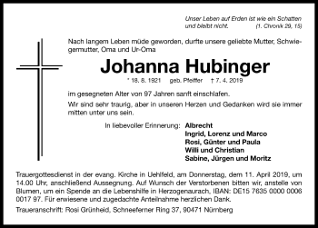 Traueranzeige von Johanna Hubinger von Neustadt/ Scheinfeld/ Uffenheim