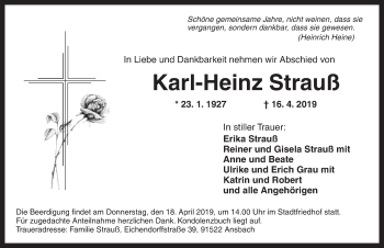 Traueranzeige von Karl-Heinz Strauß von Ansbach