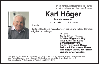 Traueranzeige von Karl Höger von Ansbach