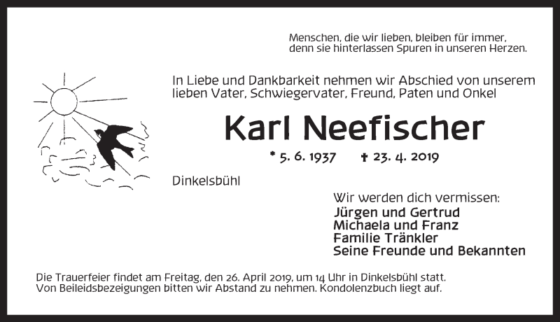  Traueranzeige für Karl Neefischer vom 25.04.2019 aus Dinkelsbühl/ Feuchtwangen
