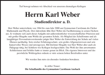 Traueranzeige von Karl Weber von Ansbach