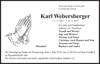 Traueranzeige von Karl Webersberger von Neustadt/ Scheinfeld/ Uffenheim