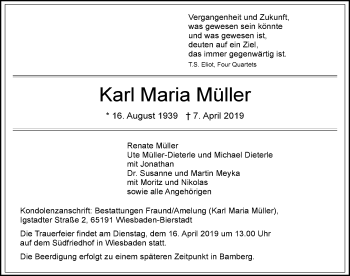 Traueranzeige von Karl Maria Müller von Neustadt/ Scheinfeld/ Uffenheim