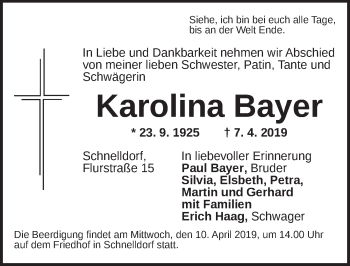 Traueranzeige von Karolina Bayer von Dinkelsbühl/ Feuchtwangen