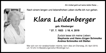 Traueranzeige von Klara Leidenberger von Ansbach