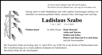 Traueranzeige von Ladislaus Szabo von Neustadt/ Scheinfeld/ Uffenheim