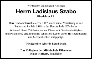 Traueranzeige von Ladislaus Szabo von Neustadt/ Scheinfeld/ Uffenheim