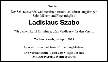 Traueranzeige von Ladislaus Szabo von Neustadt/ Scheinfeld/ Uffenheim