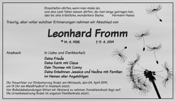 Traueranzeige von Leonhard Fromm von Ansbach