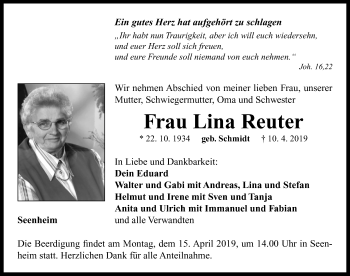 Traueranzeige von Lina Reuter von Neustadt/ Scheinfeld/ Uffenheim