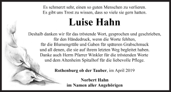Traueranzeige von Luise Hahn von Rothenburg