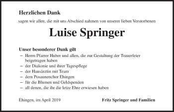 Traueranzeige von Luise Springer