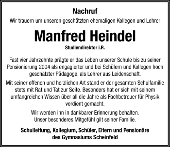 Traueranzeige von Manfred Heindel von Neustadt/ Scheinfeld/ Uffenheim