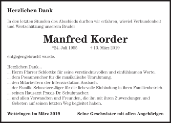 Traueranzeige von Manfred Korder von Rothenburg