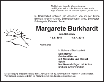 Traueranzeige von Margarete Burkhardt von Dinkelsbühl/ Feuchtwangen