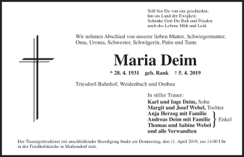 Traueranzeige von Maria Deim von Ansbach