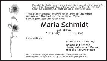 Traueranzeige von Maria Schmidt von Dinkelsbühl/ Feuchtwangen