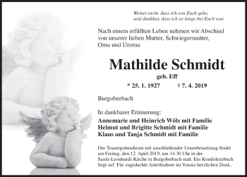 Traueranzeige von Mathilde Schmidt von Ansbach