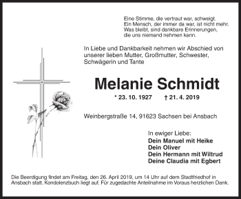 Traueranzeige von Melanie Schmidt von Ansbach