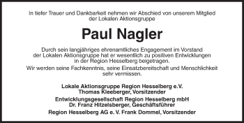 Traueranzeige von Paul Nagler von Dinkelsbühl/ Feuchtwangen