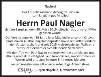 Traueranzeige von Paul Nagler von Dinkelsbühl/ Feuchtwangen