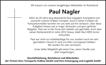 Traueranzeige von Paul Nagler von Dinkelsbühl/ Feuchtwangen