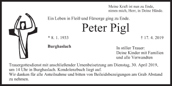 Traueranzeige von Peter Pigl von Neustadt/ Scheinfeld/ Uffenheim