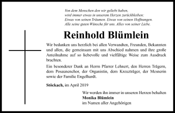 Traueranzeige von Reinhold Blümlein von Neustadt/ Scheinfeld/ Uffenheim