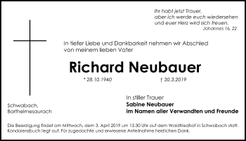 Traueranzeige von Richard Neubauer von Ansbach