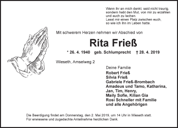 Traueranzeige von Rita Frieß von Ansbach