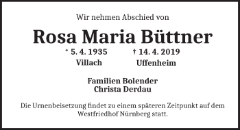 Traueranzeige von Rosa Maria Büttner von Neustadt/ Scheinfeld/ Uffenheim