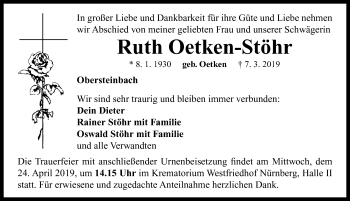 Traueranzeige von Ruth Oetken-Stöhr von Neustadt/ Scheinfeld/ Uffenheim