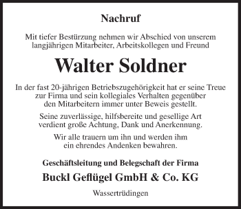 Traueranzeige von Walter Soldner von Ansbach