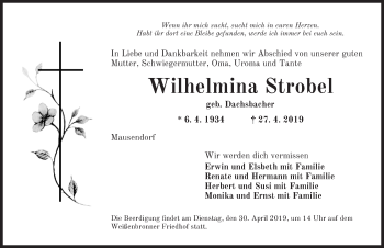 Traueranzeige von Wilhelmina Strobel von Ansbach