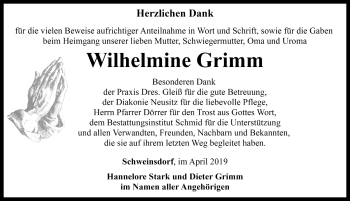 Traueranzeige von Wilhelmine Grimm von Rothenburg