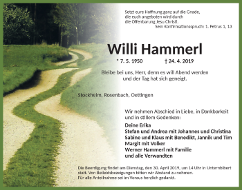 Traueranzeige von Willi Hammerl von Ansbach