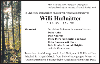 Traueranzeige von Willi Hußnätter von Neustadt/ Scheinfeld/ Uffenheim