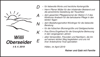 Traueranzeige von Willi Oberseider von Dinkelsbühl/ Feuchtwangen