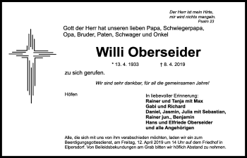 Traueranzeige von Willi Oberseider von Ansbach