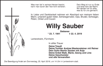 Traueranzeige von Willy Sauber von Dinkelsbühl/ Feuchtwangen