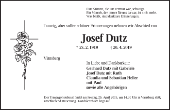 Traueranzeige von anz. Josef Dutz von Ansbach