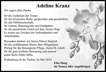 Traueranzeige von Adeline Kranz von Rothenburg
