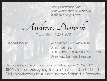 Traueranzeige von Andreas Dietrich von Neustadt/ Scheinfeld/ Uffenheim