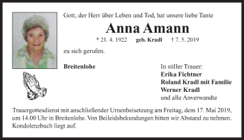 Traueranzeige von Anna Amann von Neustadt/ Scheinfeld/ Uffenheim