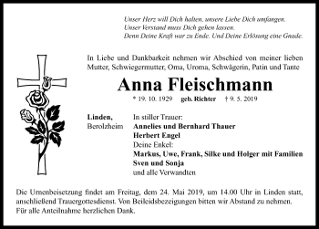 Traueranzeige von Anna Fleischmann von Neustadt/ Scheinfeld/ Uffenheim