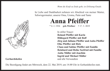 Traueranzeige von Anna Pfeiffer von Neustadt/ Scheinfeld/ Uffenheim