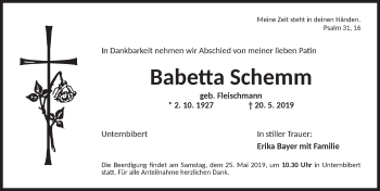 Traueranzeige von Babetta Schemm von Ansbach
